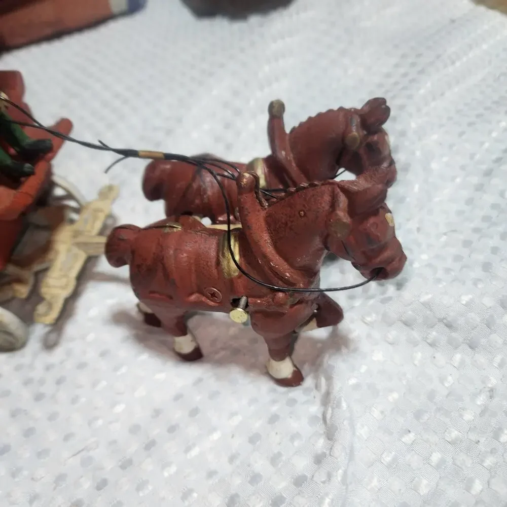 COCA COLA VINTAGE EUC CAST IRON HORSE DRAWN WAGON WITH UMBRELLA & Access